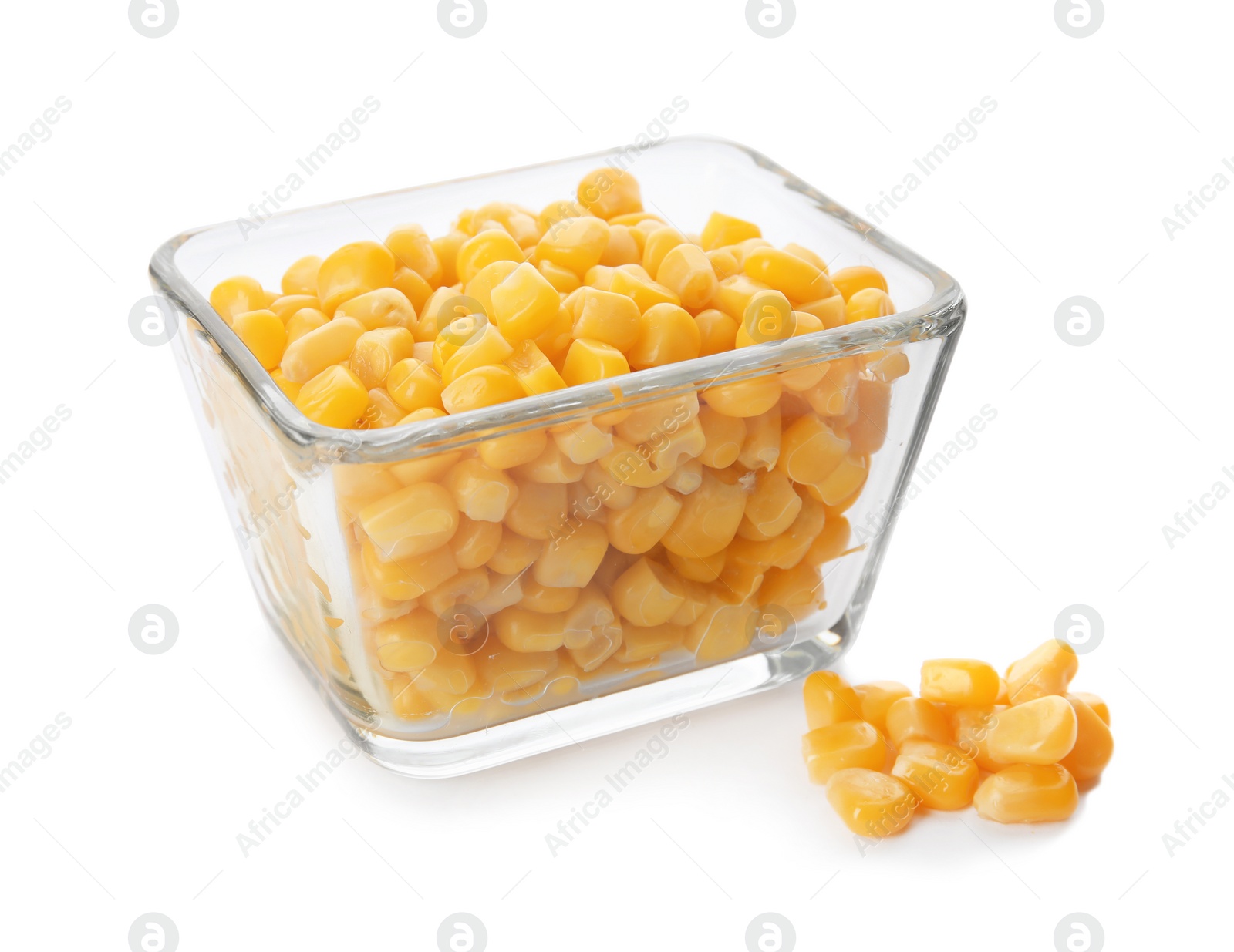 Photo of Bowl with corn kernels on white background