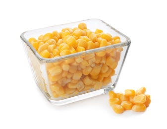 Bowl with corn kernels on white background