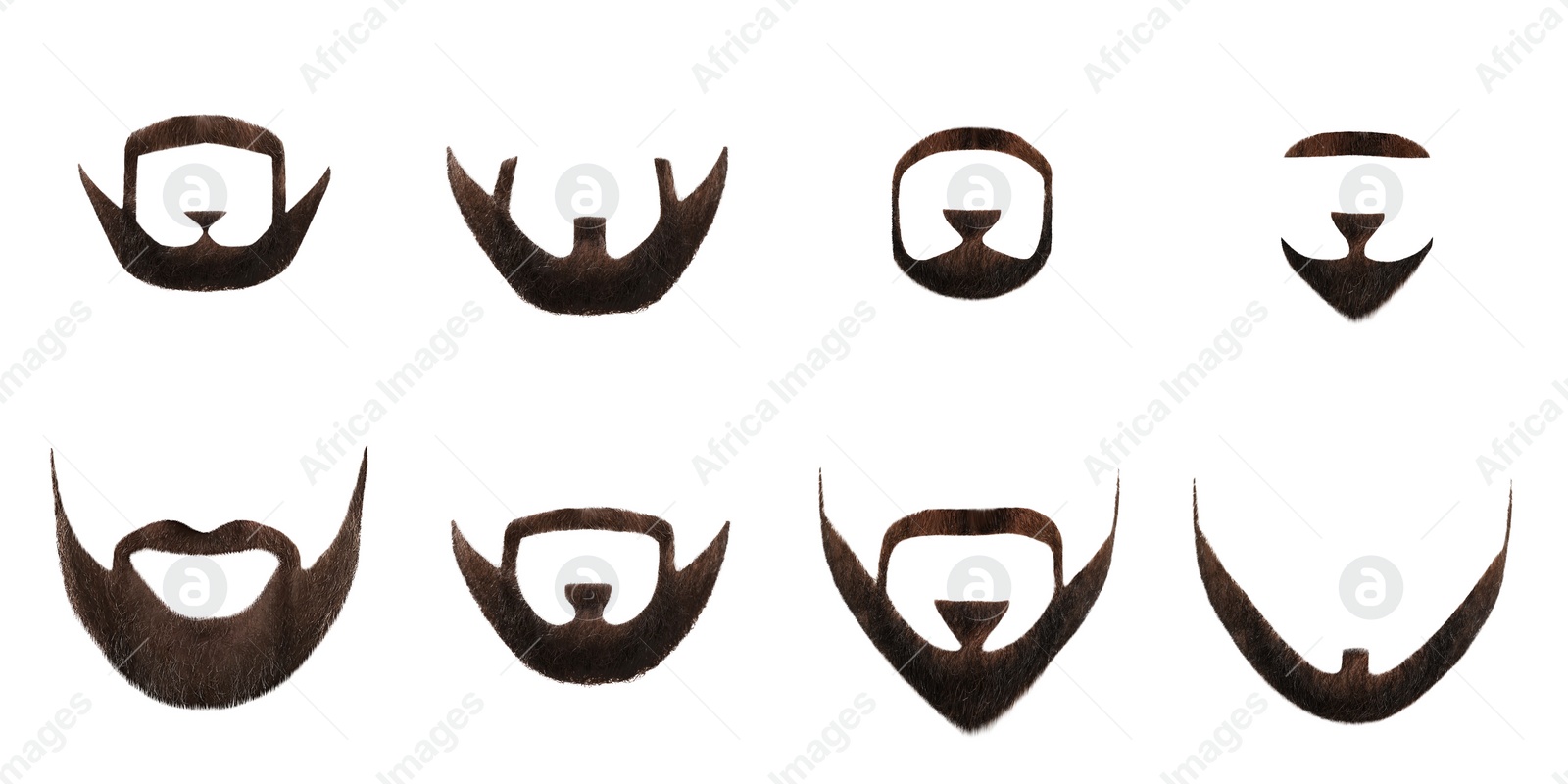 Image of Set with stylish beard on white background, men's fashion. Banner design