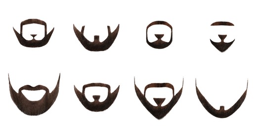 Image of Set with stylish beard on white background, men's fashion. Banner design