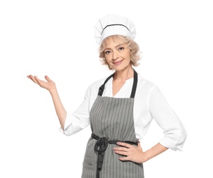 Photo of Professional chef wearing uniform on white background