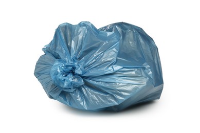 Photo of Blue trash bag filled with garbage isolated on white