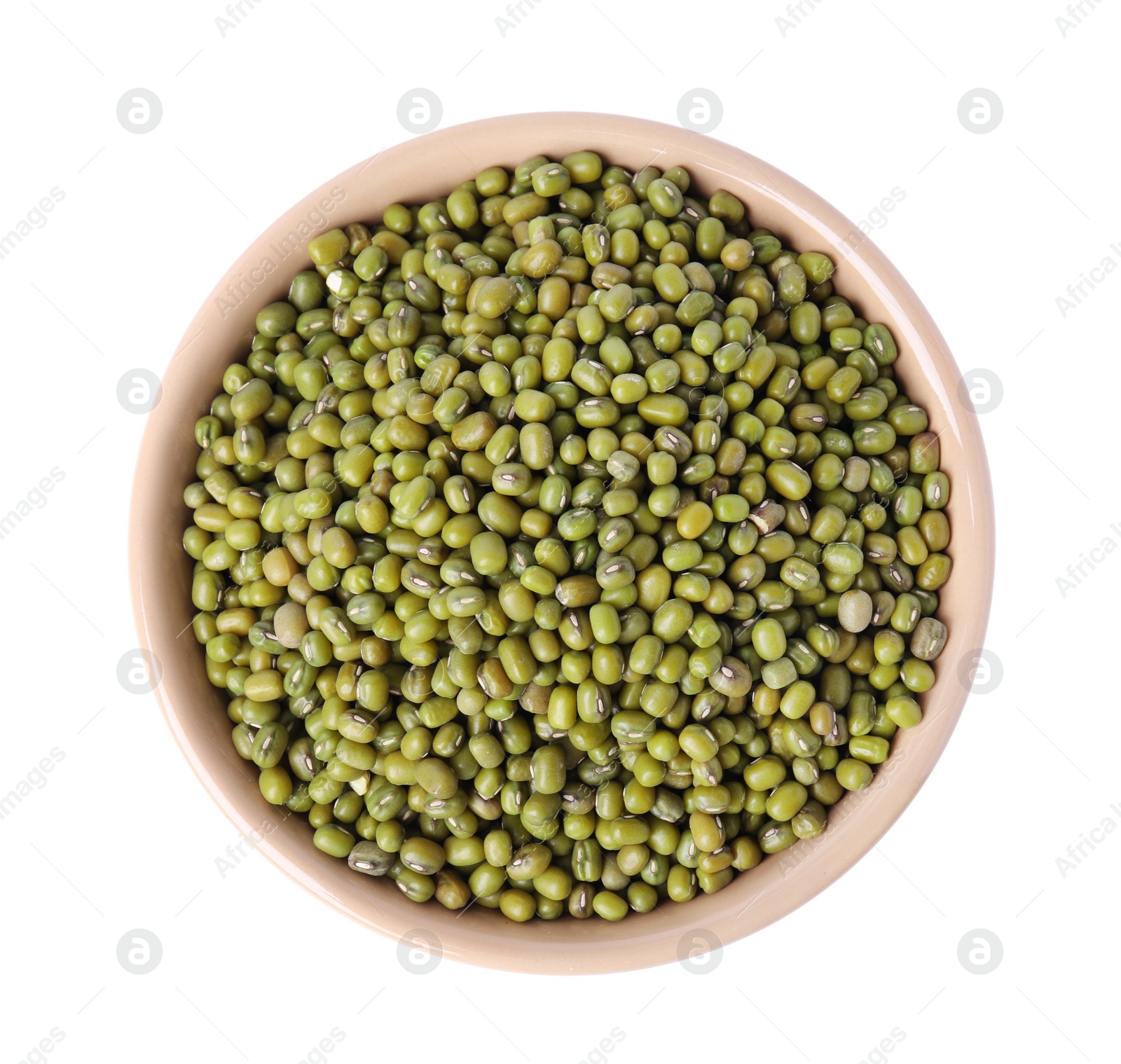 Photo of Bowl with green mung beans isolated on white, top view. Organic grains