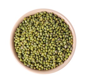 Bowl with green mung beans isolated on white, top view. Organic grains