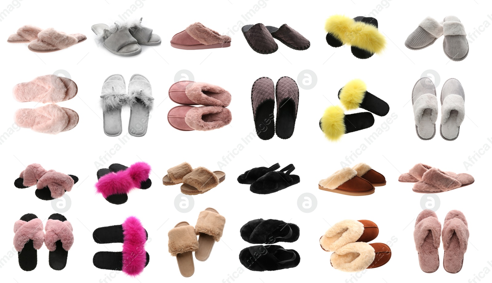 Image of Collage with different slippers on white background