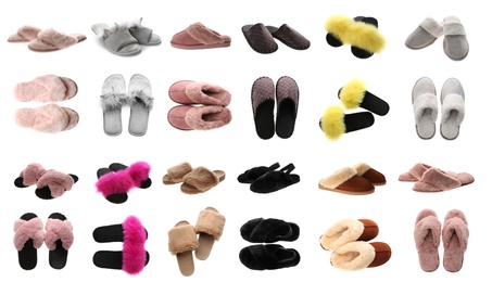 Collage with different slippers on white background