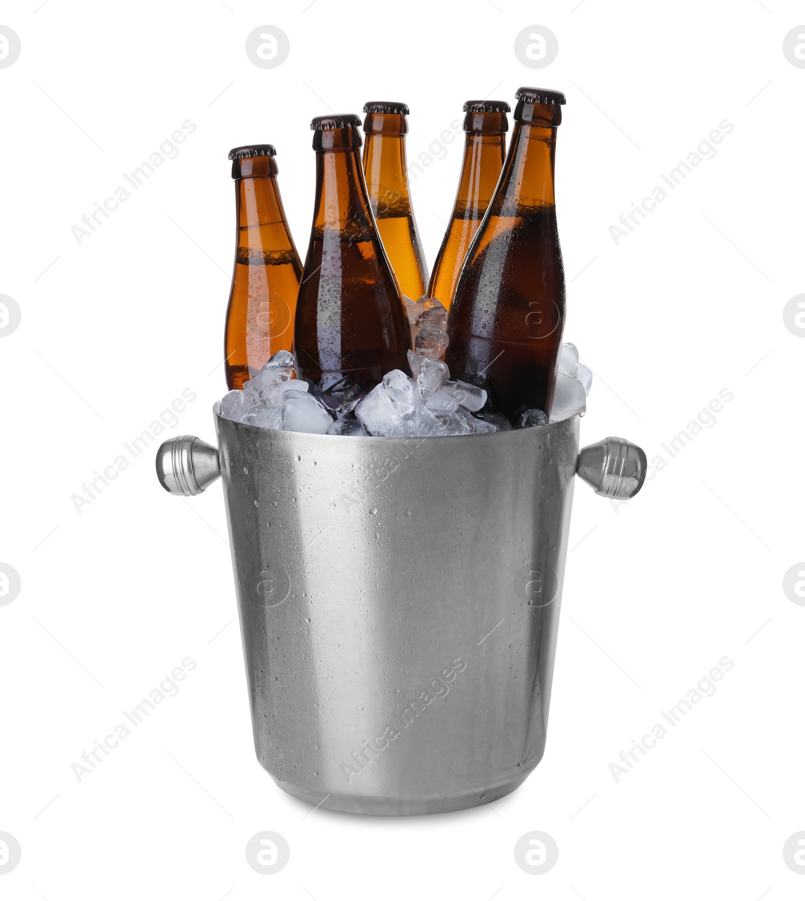 Photo of Metal bucket with beer and ice cubes isolated on white