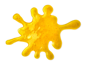 Photo of Splash of yellow slime isolated on white, top view. Antistress toy