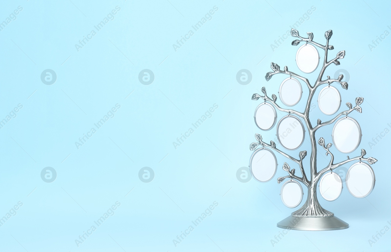 Photo of Blank metal family tree frame on light blue background. Space for text