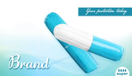 Image of Tampons in turquoise packages on color background, banner design. Mockup for your brand 