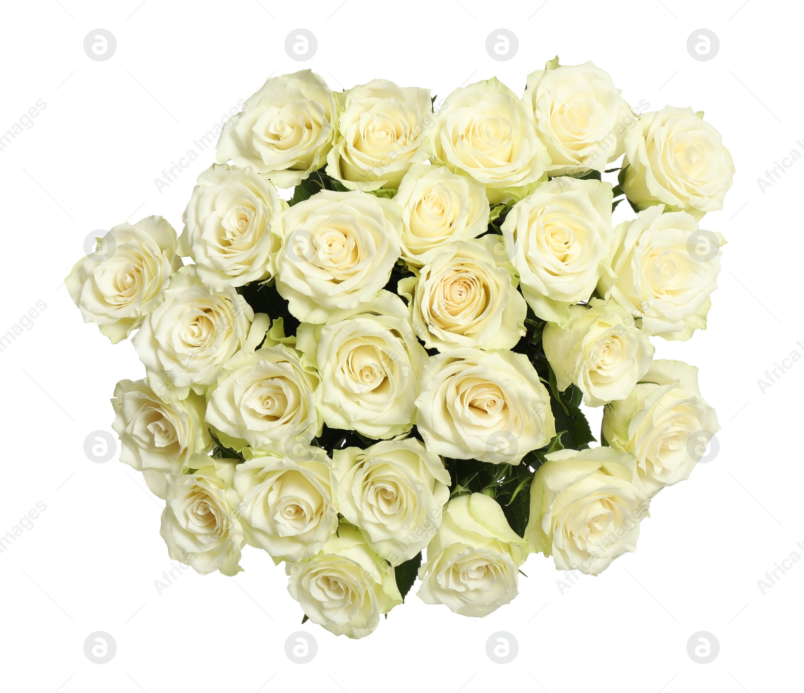 Photo of Luxury bouquet of fresh roses isolated on white, top view