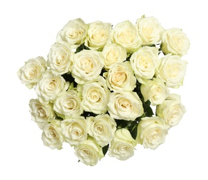 Photo of Luxury bouquet of fresh roses isolated on white, top view