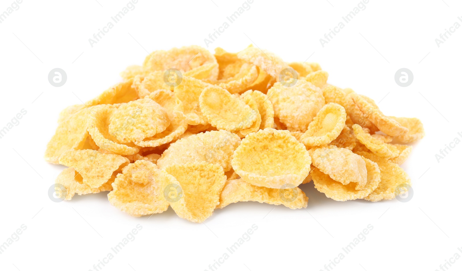 Photo of Pile of tasty cornflakes on white background, closeup. Healthy breakfast cereal