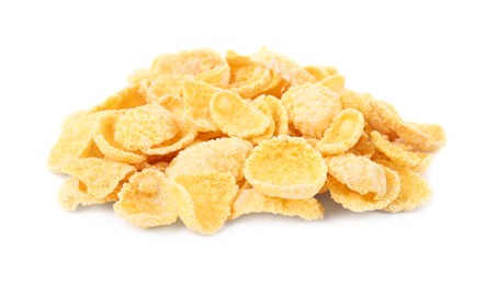 Photo of Pile of tasty cornflakes on white background, closeup. Healthy breakfast cereal
