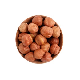 Photo of Bowl with tasty organic hazelnuts on white background, top view