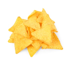 Tasty Mexican nachos chips on white background