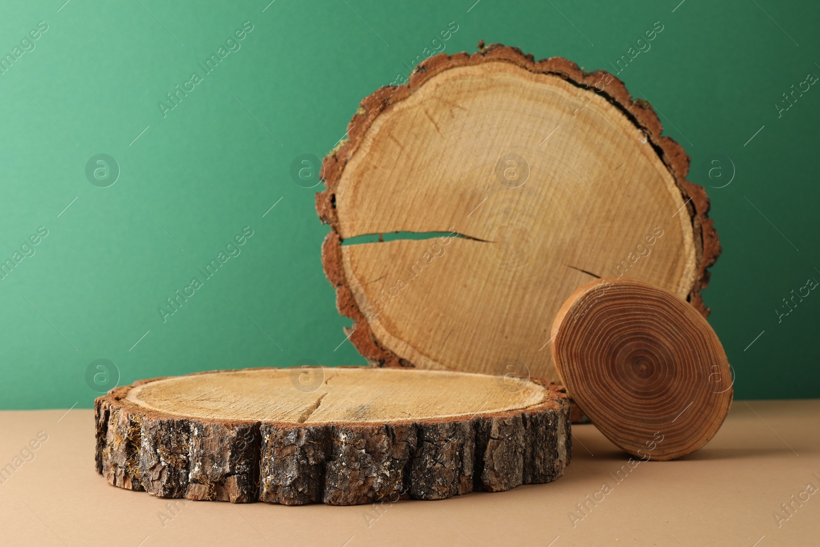 Photo of Presentation for product. Wooden stumps on color background