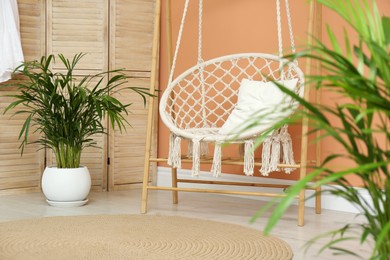 Photo of Beautiful exotic house plants and swing chair in room. Interior design