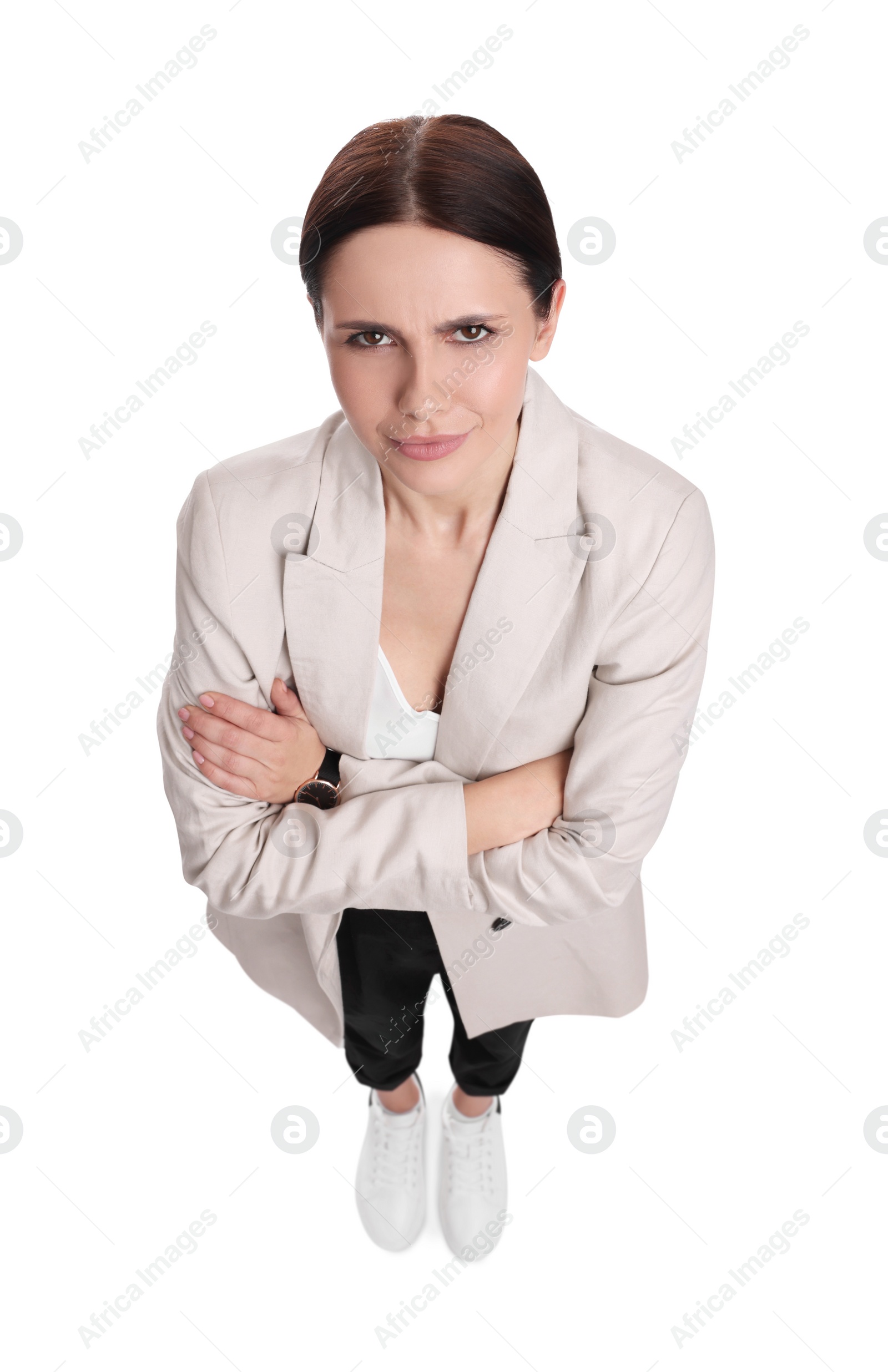 Photo of Beautiful businesswoman in suit on white background, above view