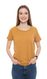 Photo of Young woman in t-shirt on white background. Mock up for design