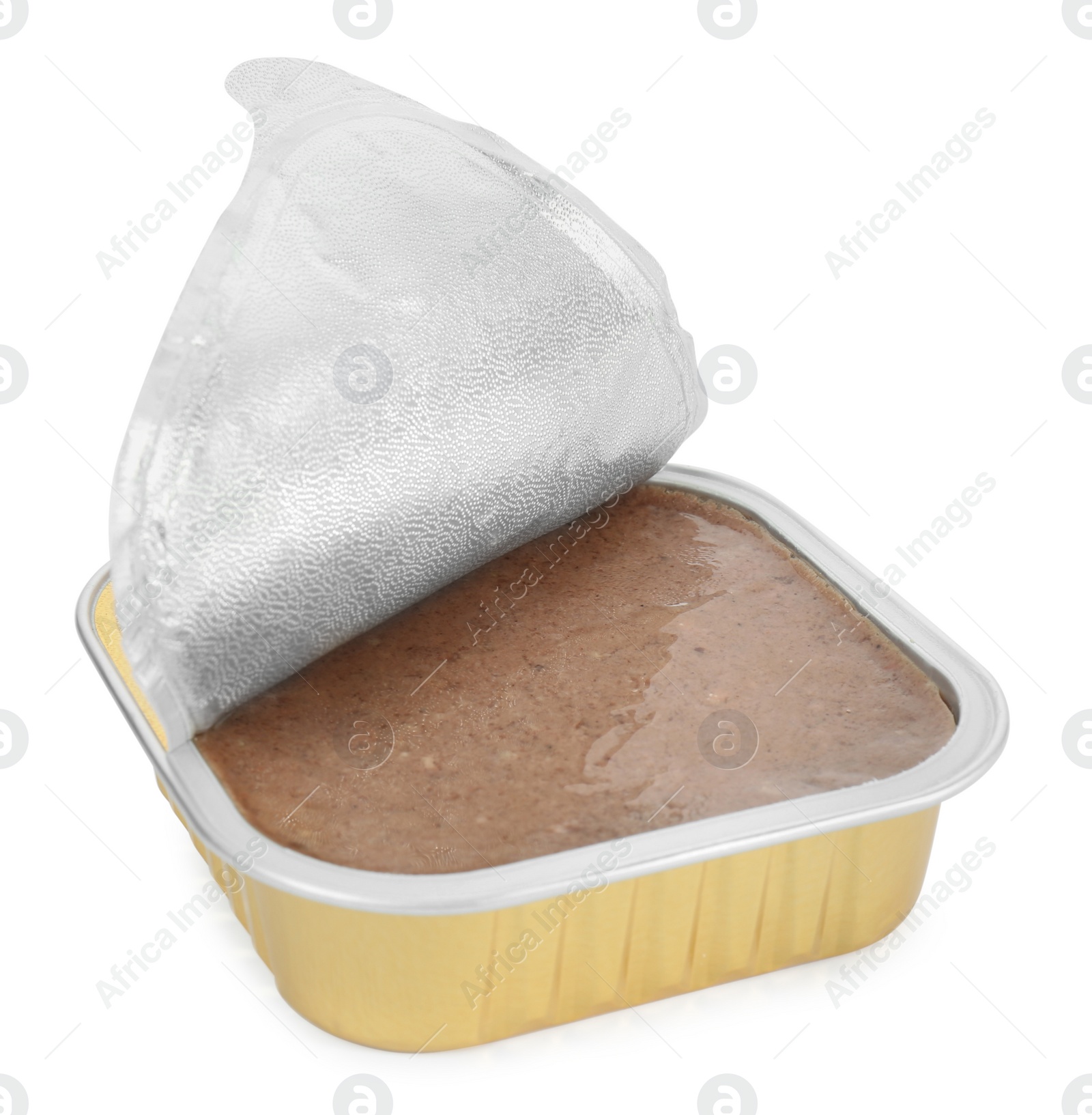 Photo of Pate in foil container isolated on white. Pet food