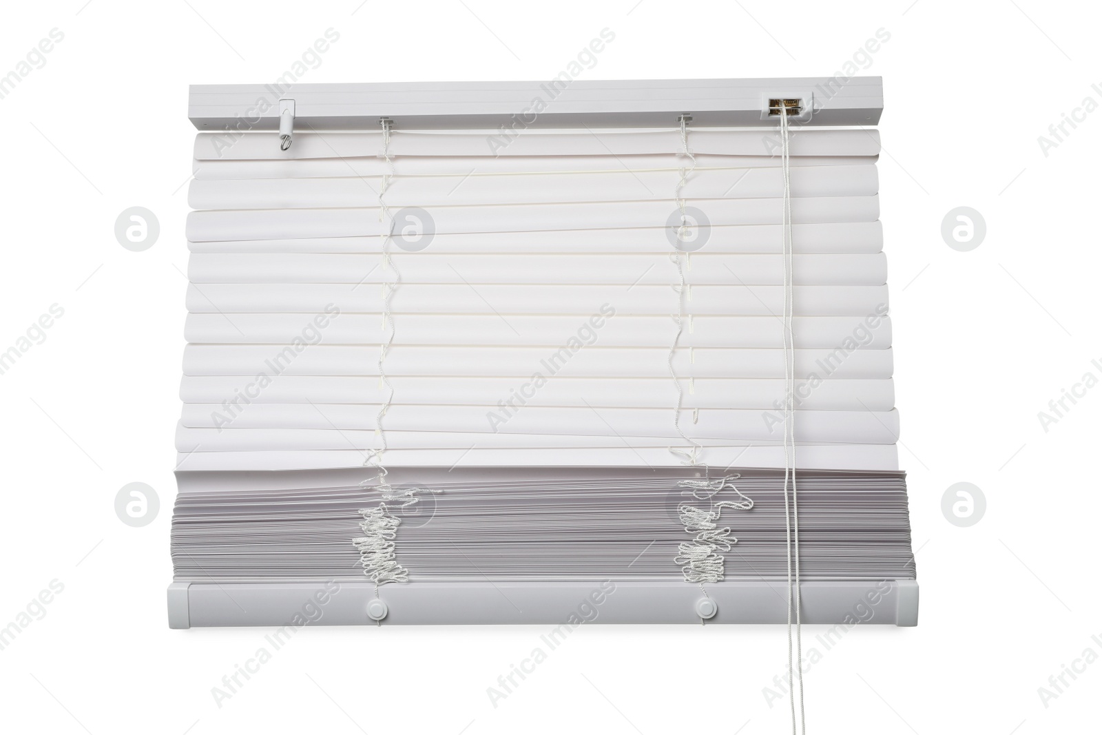 Photo of Stylish horizontal window blinds on white background, top view