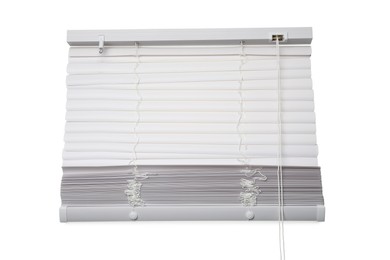 Stylish horizontal window blinds on white background, top view