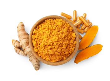 Bowl of aromatic turmeric powder, pills and raw roots isolated on white, top view