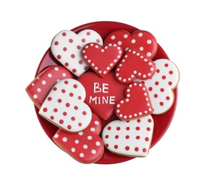 Delicious heart shaped cookies on white background, top view. Valentine's Day