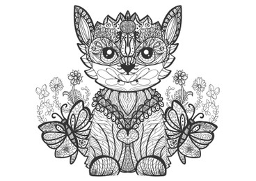 Cute little kitten on white background, illustration. Coloring page