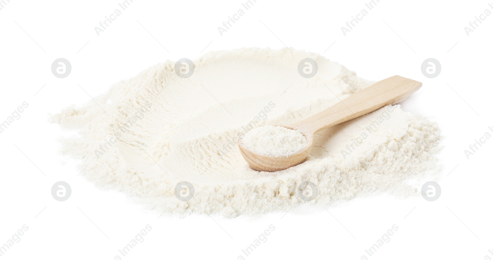 Photo of Baking powder and spoon isolated on white