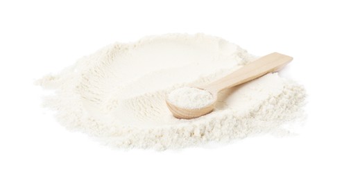 Photo of Baking powder and spoon isolated on white