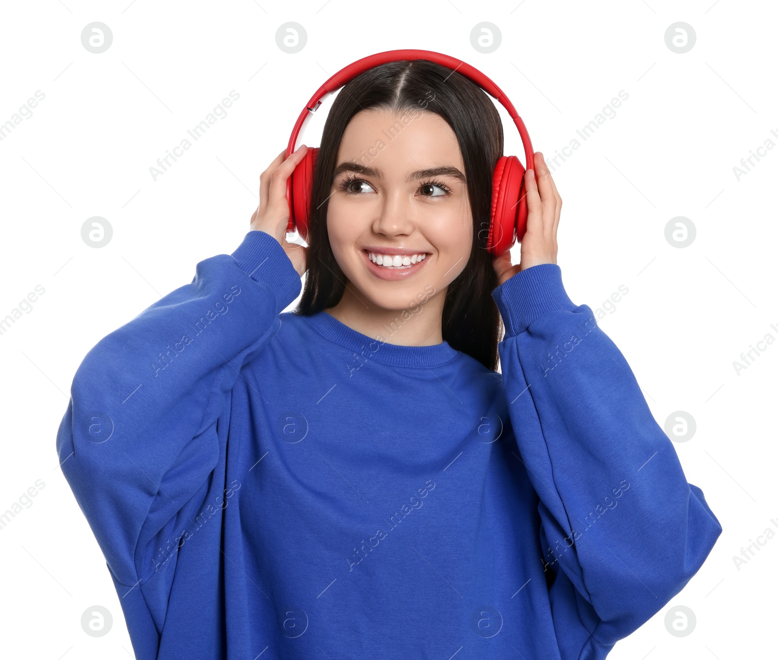 Photo of Teenage girl with headphones on white background
