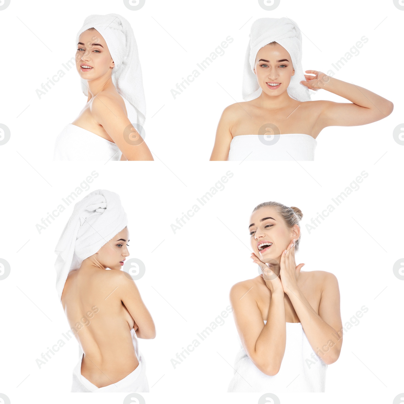 Image of Beautiful woman with towel on white background, collage