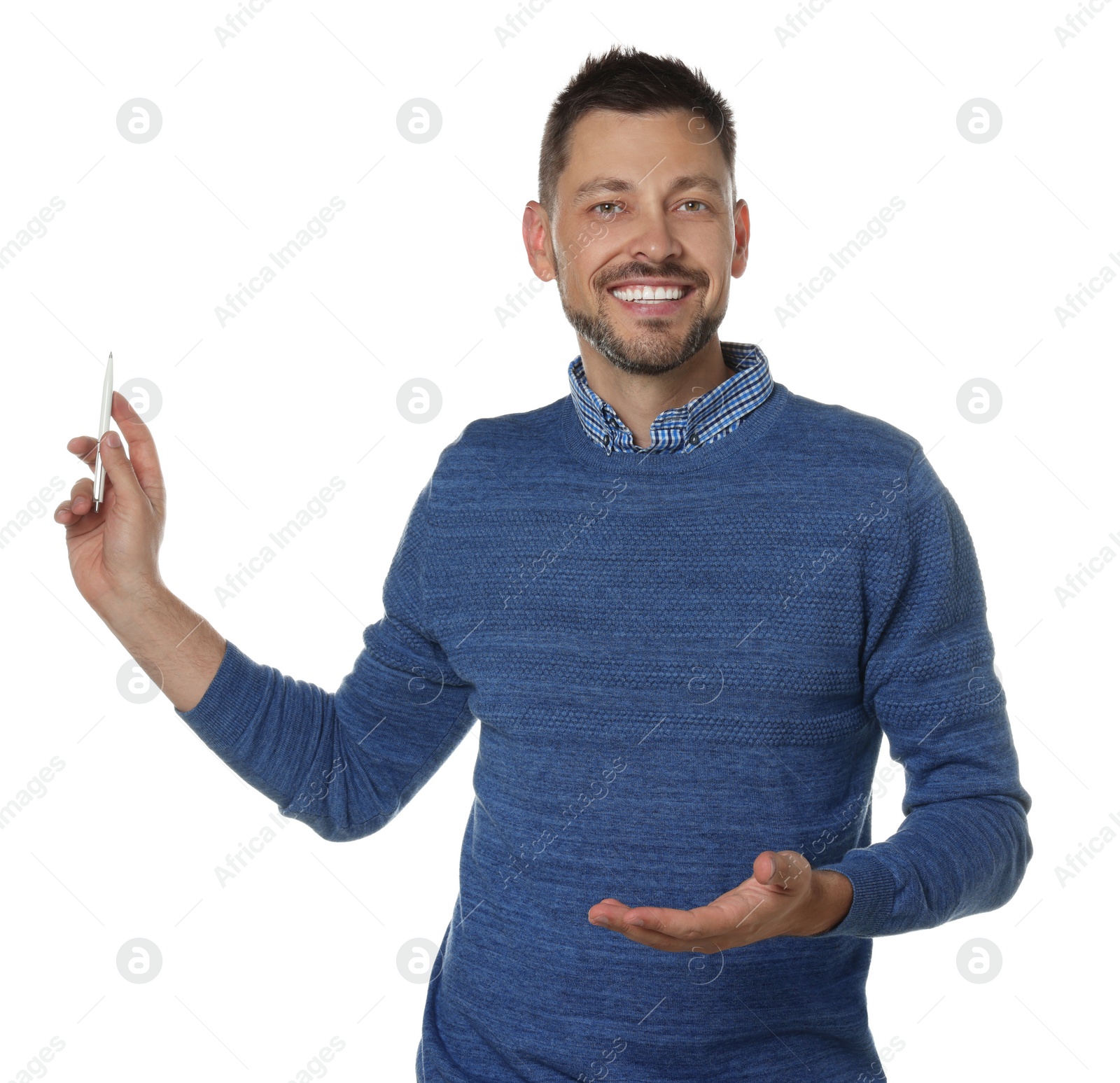 Photo of Handsome man pointing at something with pen on white background. Weather forecast reporter