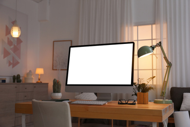 Image of Home workplace with modern computer and desk in room. Mockup for design