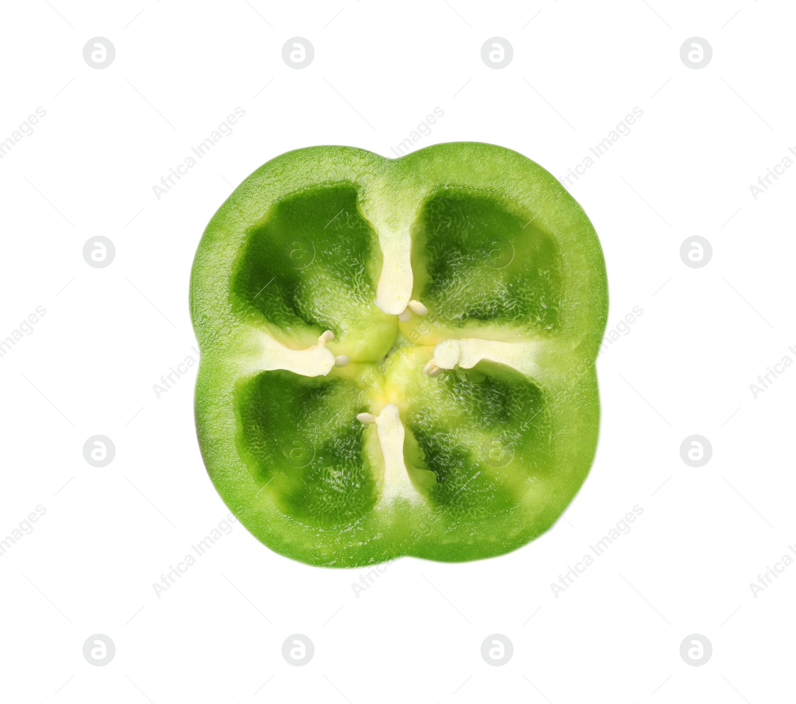 Photo of Cut fresh green bell pepper on white background, top view