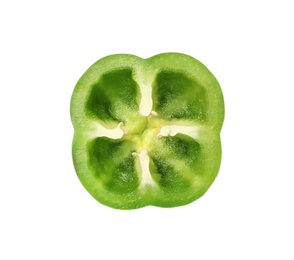 Photo of Cut fresh green bell pepper on white background, top view