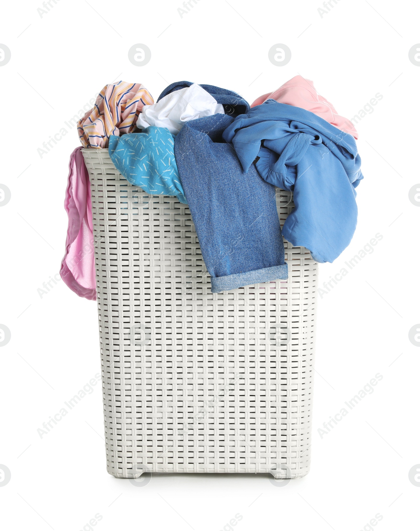 Photo of Basket full of dirty laundry isolated on white