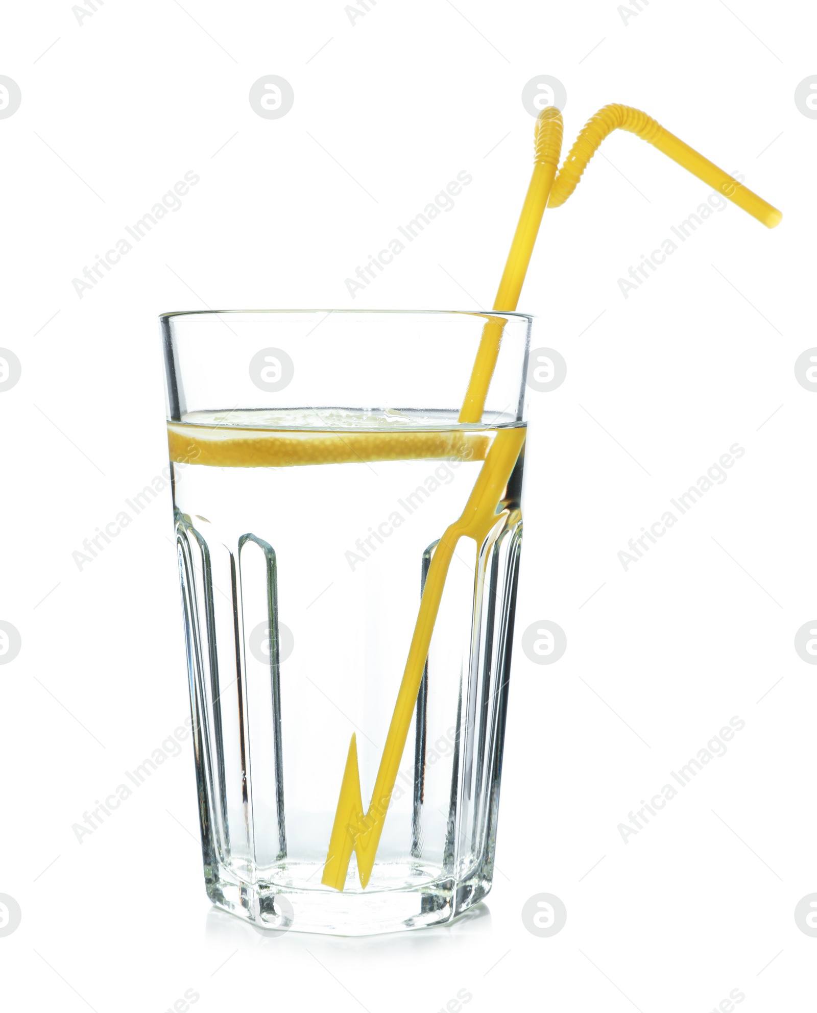 Photo of Glass of water with lemon and straw on white background. Refreshing drink