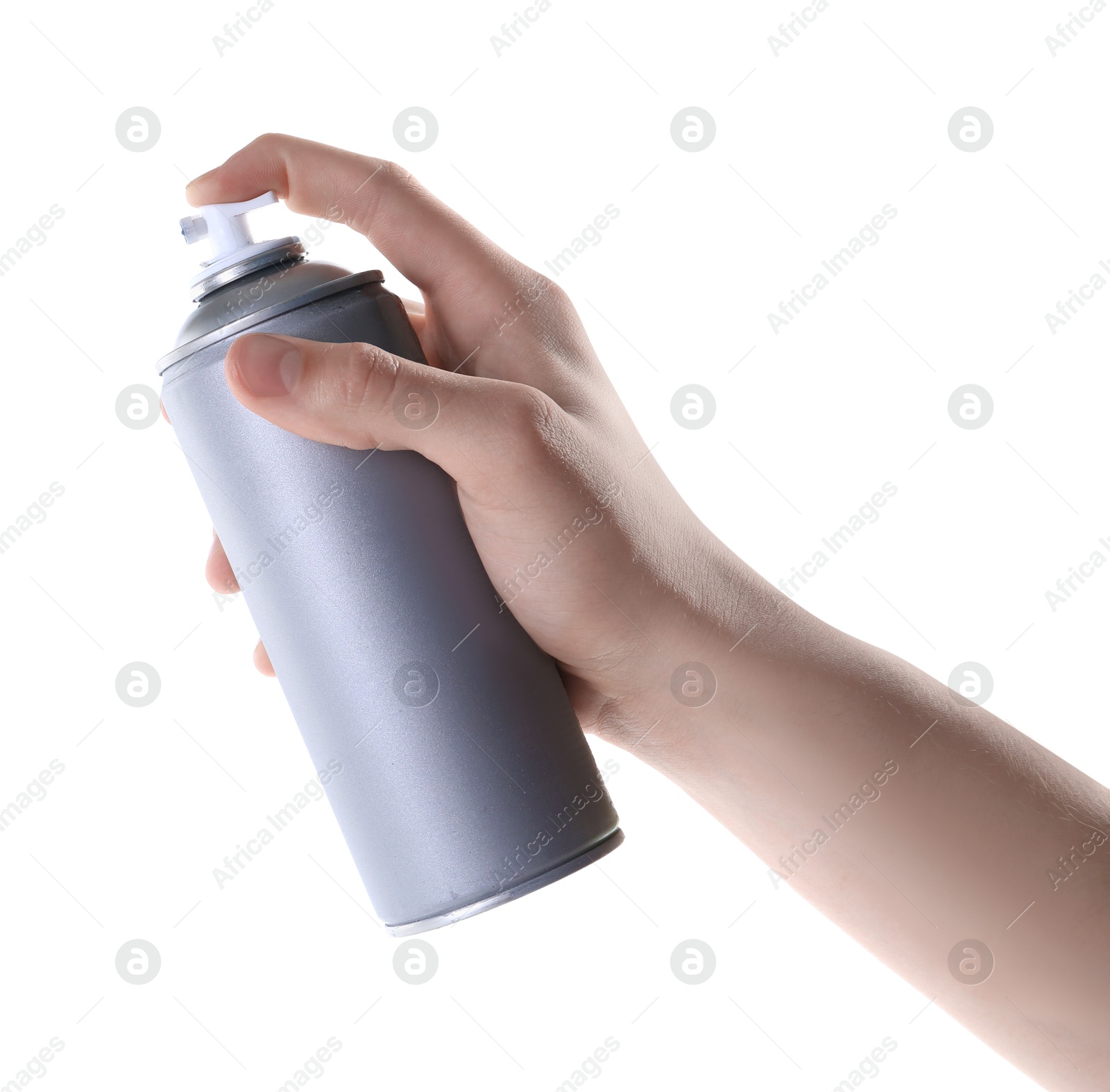 Photo of Man with can of spray paint on white background, closeup