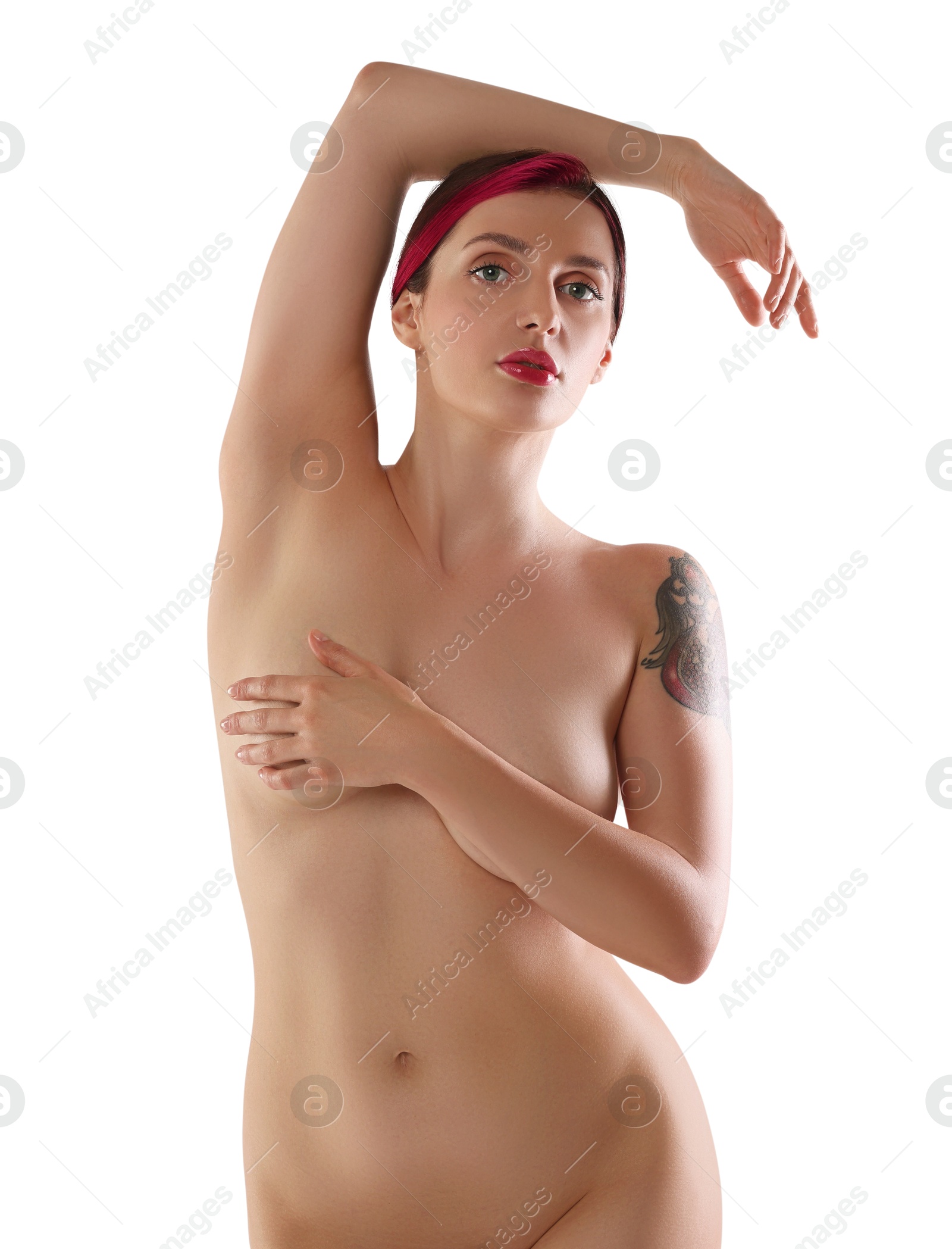 Photo of Beautiful nude woman with tattoo posing on white background