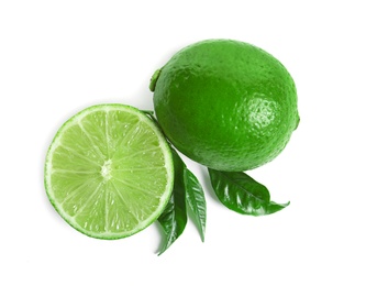 Photo of Fresh ripe green limes on white background