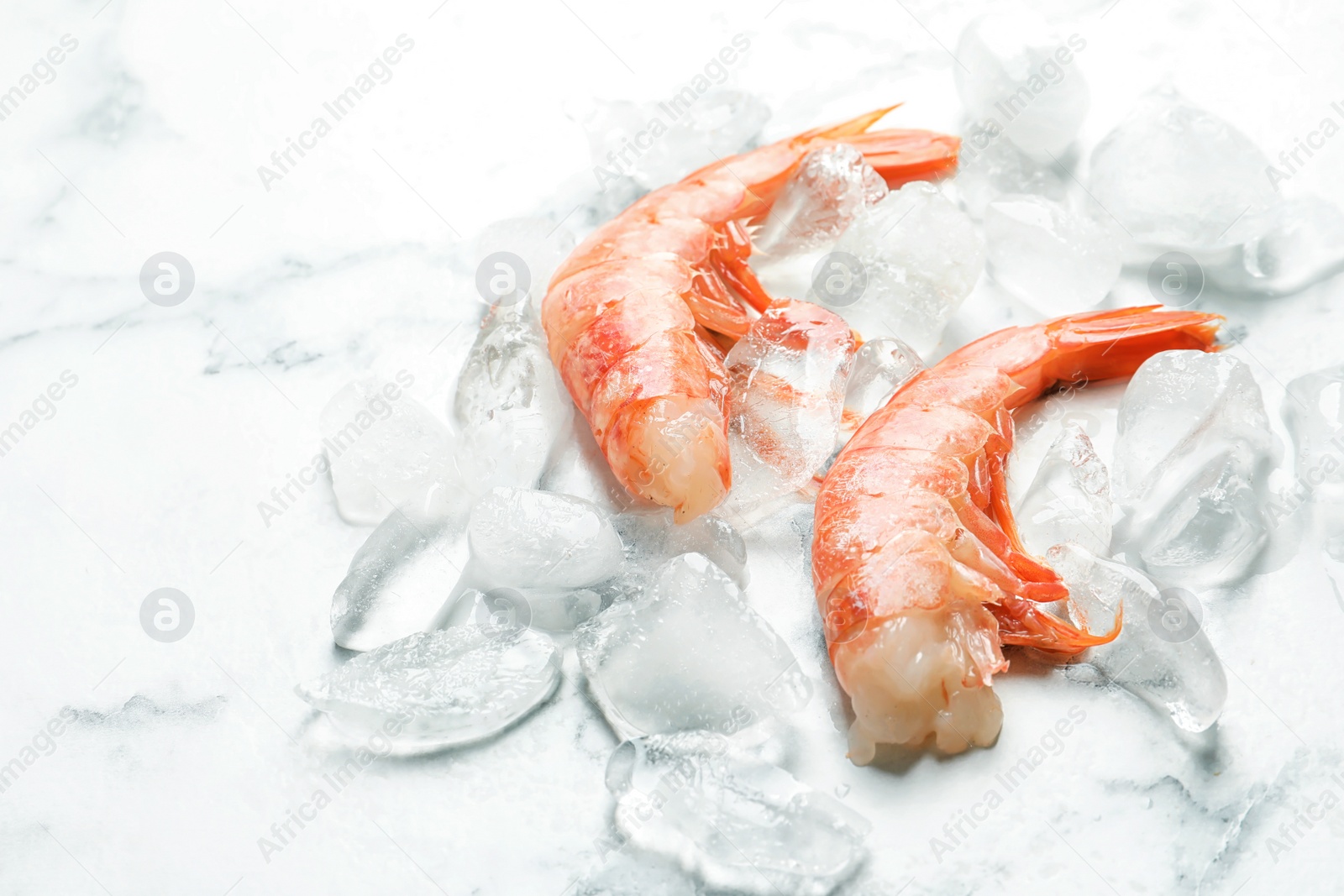 Photo of Fresh raw shrimps with ice on white background