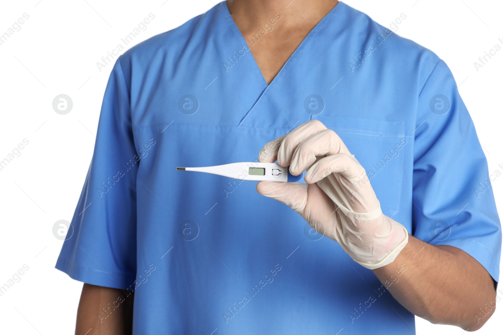 Photo of Male doctor holding digital thermometer on white background, closeup. Medical object