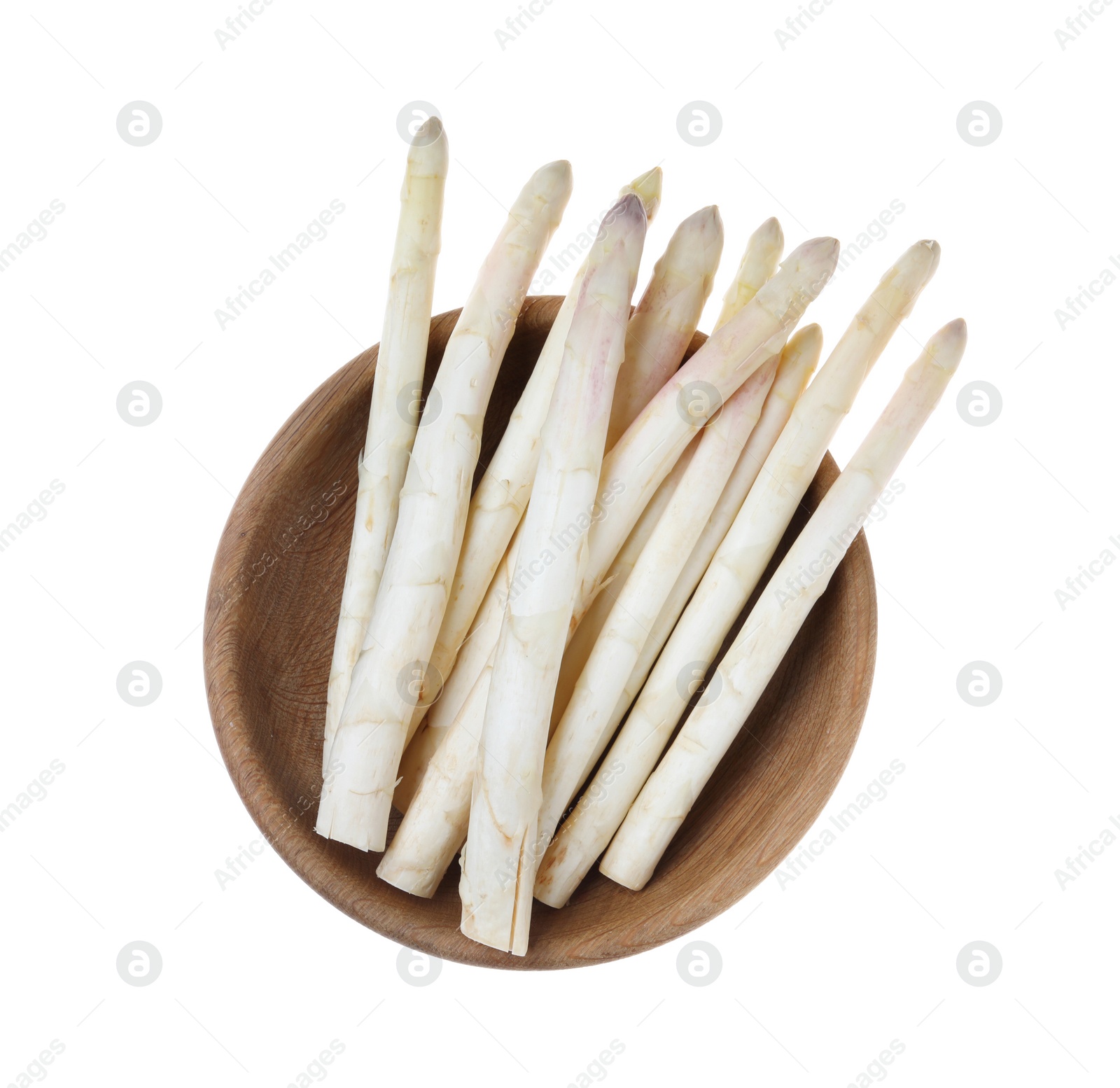 Photo of Fresh ripe asparagus in bowl isolated on white, top view