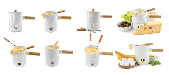 Set with fondue pots with cheese on white background. Banner design