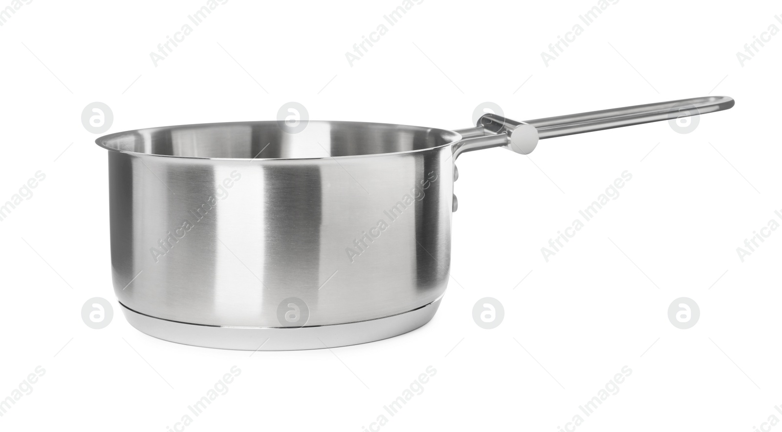 Photo of New shiny saucepan isolated on white. Domestic kitchenware