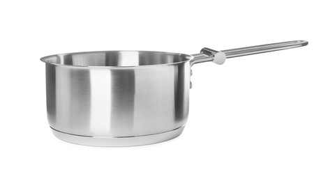 Photo of New shiny saucepan isolated on white. Domestic kitchenware