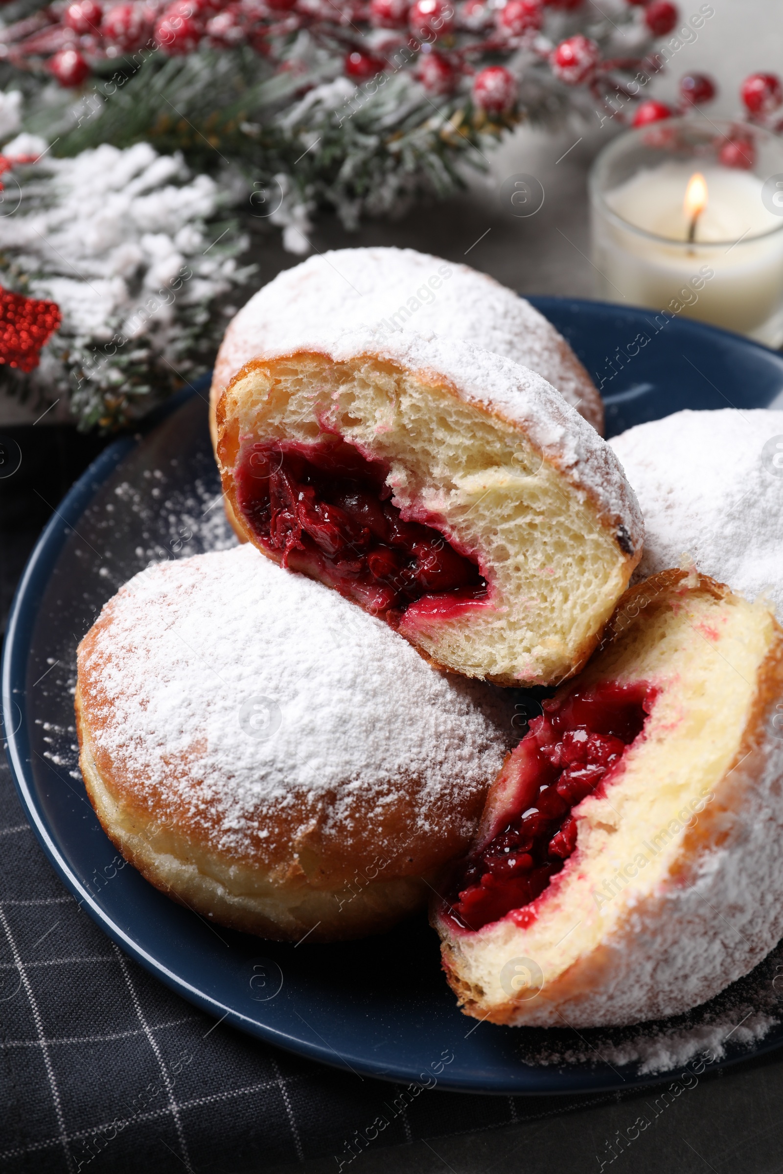 Photo of Delicious sweet buns with cherries on table, closeup